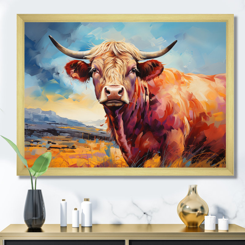 Vache, campagne, palette IV - impression, Encadrement doré, H 16 po x l 32 po x P 1 po