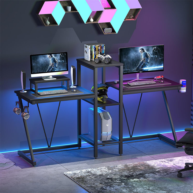 2-Person Gaming Table, Dual Computer Table With Monitor Stand And 2-Tier CPU Holder, 2 Headphone Hooks, Cup Holder