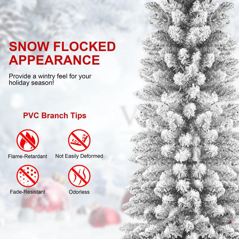 Artificial Snow Flocked Christmas Tree - Classic Pencil Tree with 469 Branch Tips & Metal Stand, 6'