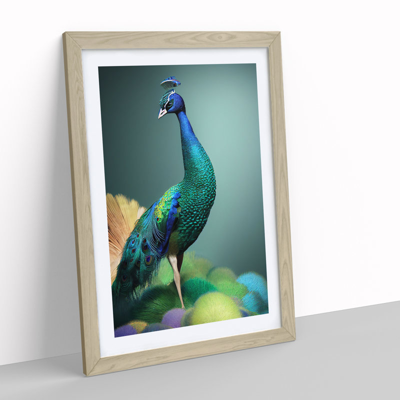 Amazing Peacock - Single Picture Frame Print, 64cm H x 46cm W x 2cm D, Oak Framed