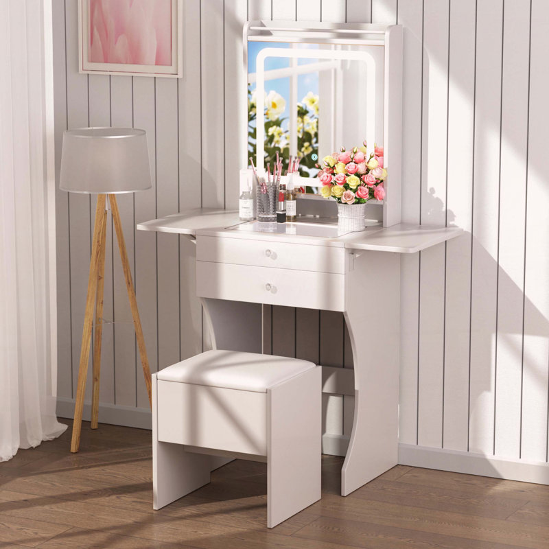 Small Space Vanity Set with Foldable Side Tables and LED Mirror