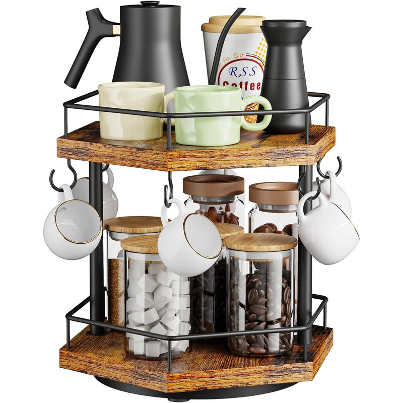 Étagère de rangement à 2 niveaux pour comptoir de bar pour le bureau personnel, support multifonctionnel pour porte-gobelet de tasse à café, support de rangement pour accessoires avec 6 crochets, porte-gobelet pivotant à 360 ° pour le comptoir