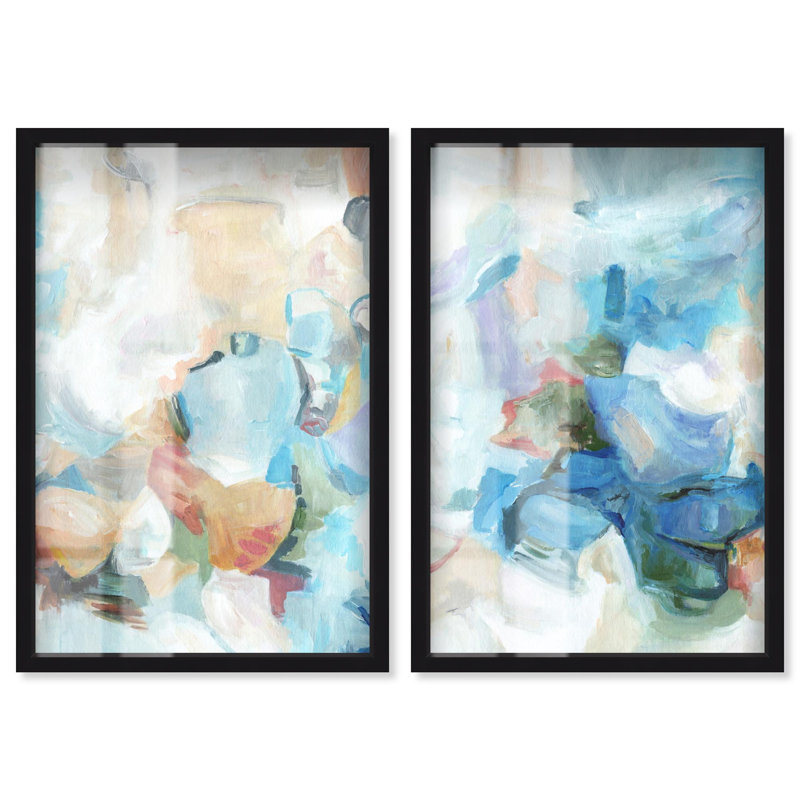 «Heavenly Stream Abstract Duo Shadowbox», ensemble d'art abstrait par Art Remedy, cadre noir, 16 x 24, Structure noire