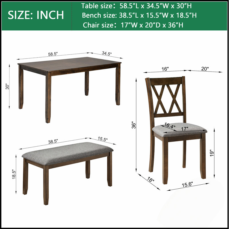 Ensemble de table de salle à manger élégant en bois 6 pièces avec 4 chaises et un banc, design moderne pour des réunions de famille confortables et des expériences culinaires élégantes