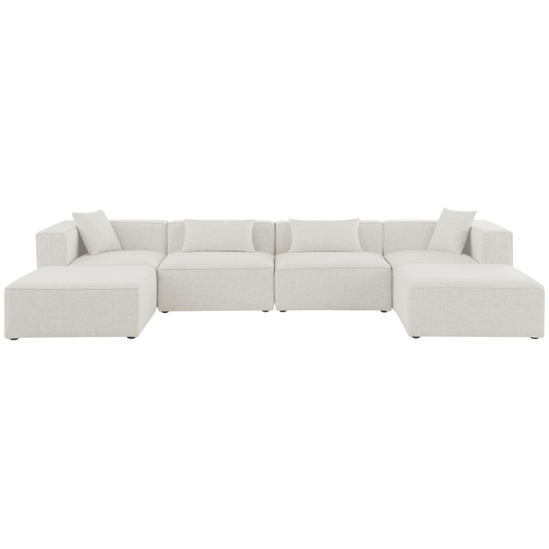 Cube Upholstered U-Shaped Sectional Reversible, Cream Linen Textured Fabric
