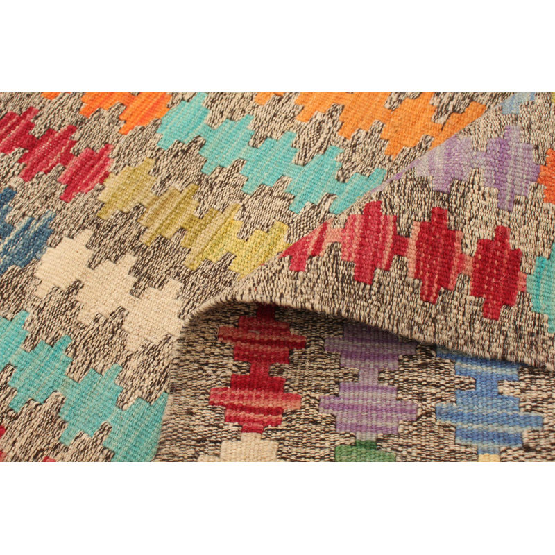Tapis décoratif en laine noué à la main de conception unique 5 pi 7 po x 8 pi « New Age » en bleu/vert/rouge/orange
