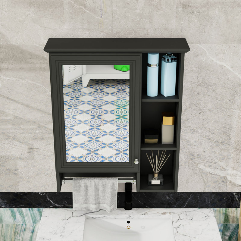 Armoire de salle de bain 3 en 1 avec tablette réglable, barre à serviettes et miroir haute définition, Noir