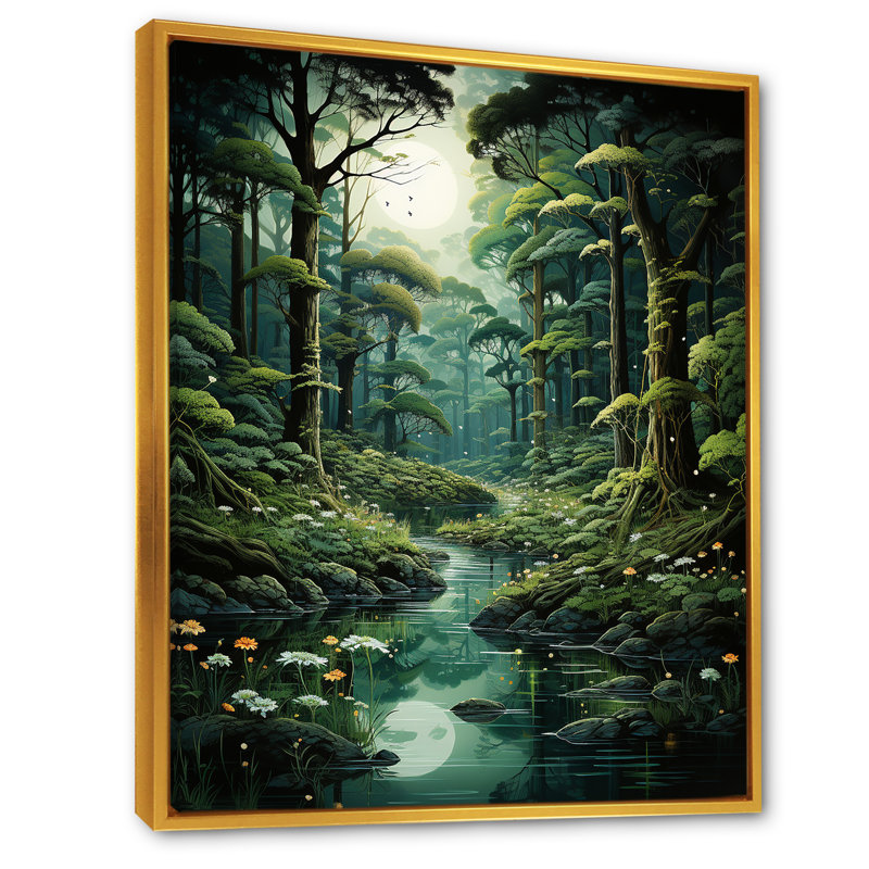 «Deep River Into The Forest I», art mural forêt, Cadre flottant doré, H 44 po x l 34 po x P 1,5 po