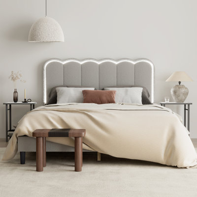 Solid Wood Queen Size Boucle Platform Bed with Geometric Headboard in Dove Gray with DIY Multicolor RGB Lights