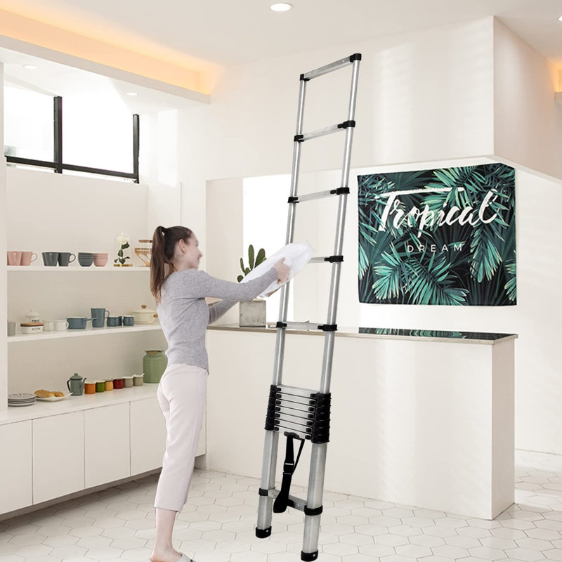 Telescopic Ladder 3.8M Stainless Steel Extension Multi-Purpose Portable Loft Step Ladder with Non-Slip Rubber Feet 150kg Capacity