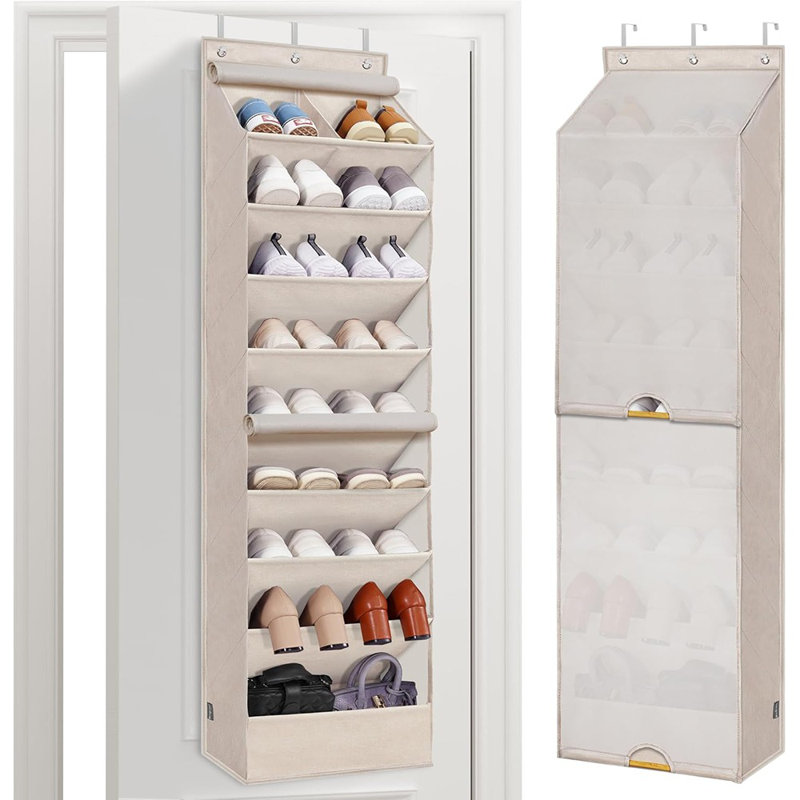 Range-chaussures à suspendre avec rideau - Porte-chaussures à suspendre robuste et résistant à la poussière, grandes poches profondes, organisateur de rangement beige à 9 tablettes pour placard, dortoir et portes étroites