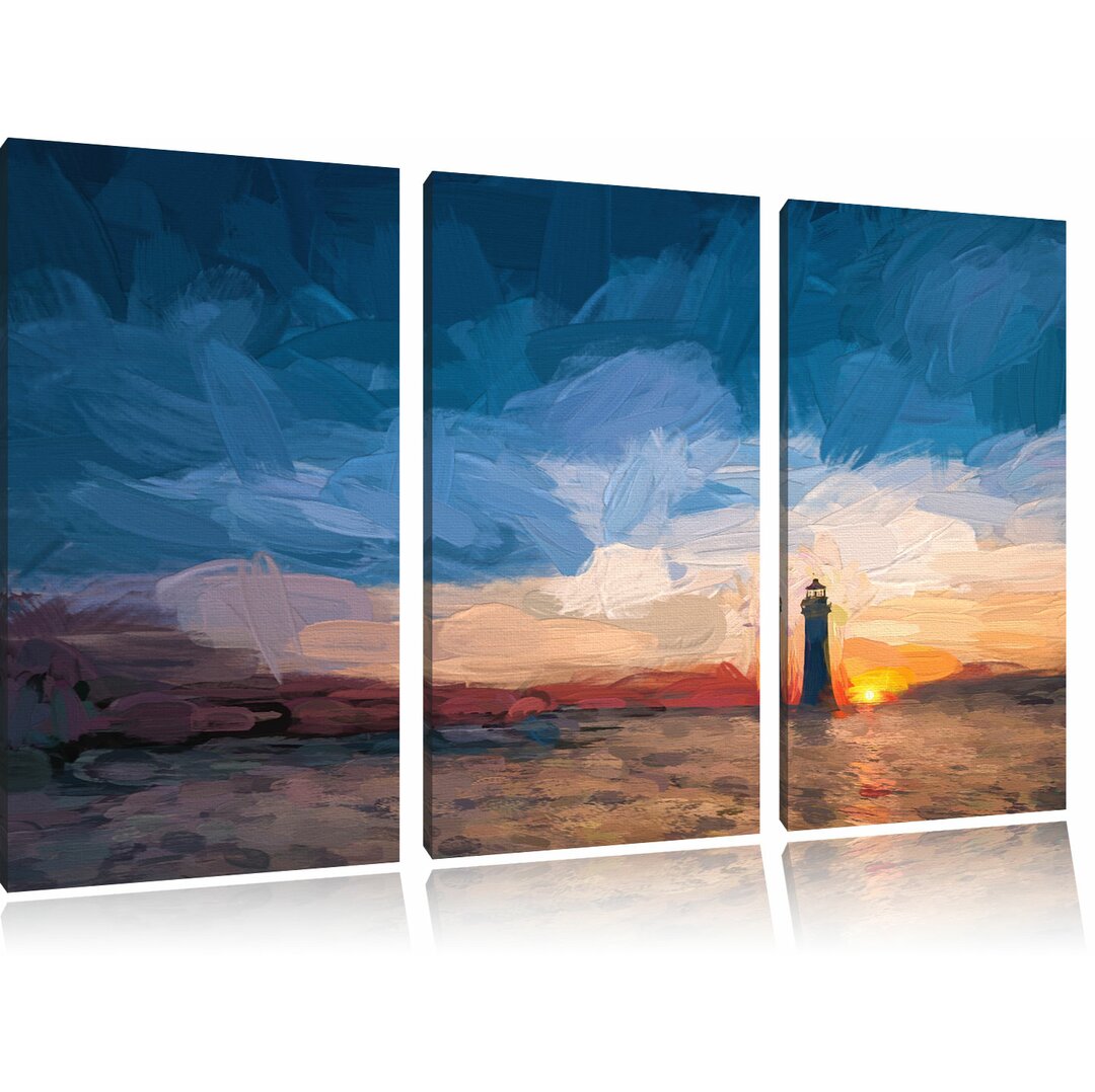 3-tlg. Leinwandbilder-Set „Einsamer Leuchtturm im Sonnenuntergang“, Grafikdruck