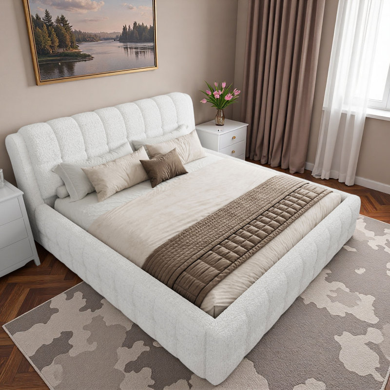 Lit plateforme tapissier avec tête de lit tapissier et pieds en métal, Blanc, Très grand lit