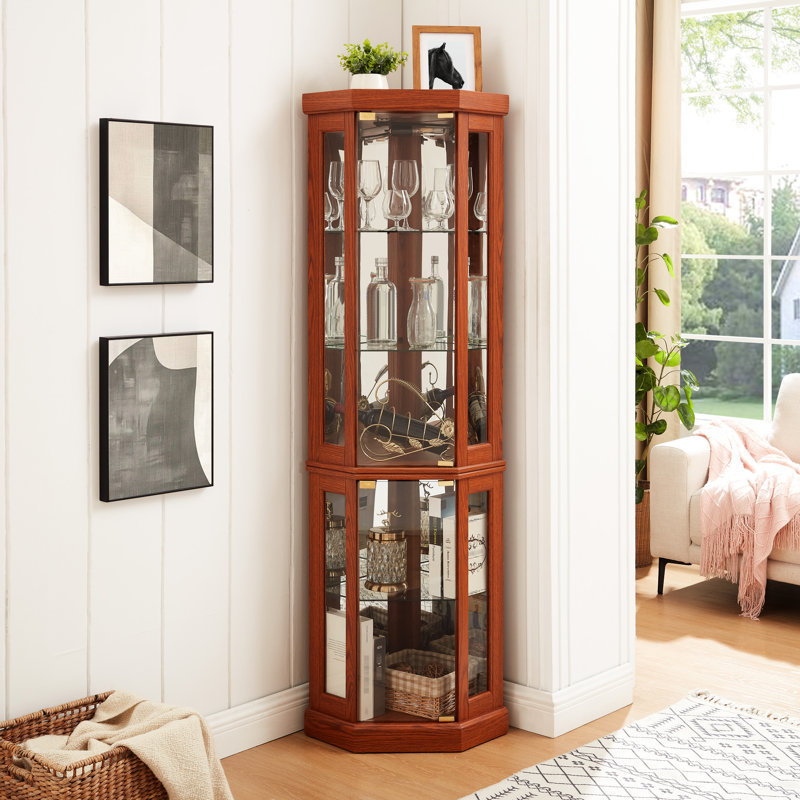 Lighted Corner Glass Display, Dark Oak, Adjustable Shelving, - Toppling, For Antique And Collectible Showcase In Home Living Room Decor