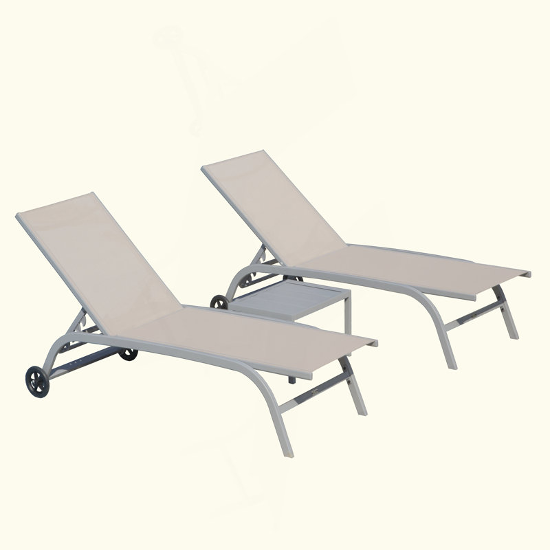 Chaise Lounge Outdoor Set Of 3, Lounge Chairs For Outside With Wheels, Outdoor Lounge Chairs With 5 Adjustable Position, Pool Lounge Chairs For Patio, Beach(2 Lounge Chairs+1 Table)