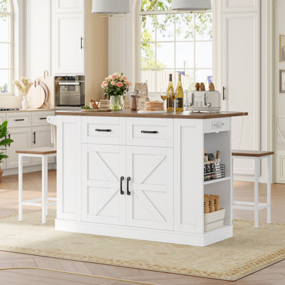 3 Pieces  Farmhouse Kitchen Island Cart with Power Outlets, 2 Stools & Drop-Leaf Top | Mobile Serving Cart with Storage & Removable Wheels by August Grove