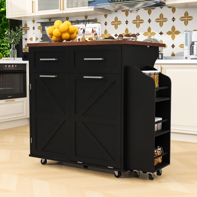 Rolling Kitchen Island Cart with Drop Leaf, Trash Cabinet, 2 Drawers and Removable Side Rack by Gracie Oaks