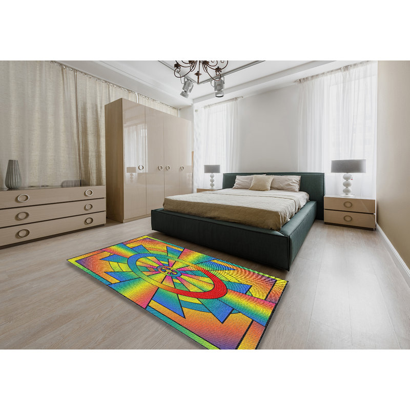 Tapis bleu/orange/vert à motif, Rectangle 5 pi x 7 pi