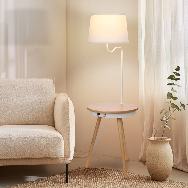 Owen 56 in. Mid-Century Modern LED Bedside Table Lamp with USB Port and Wireless Charging Pad - Bundle Set of 2, Natural