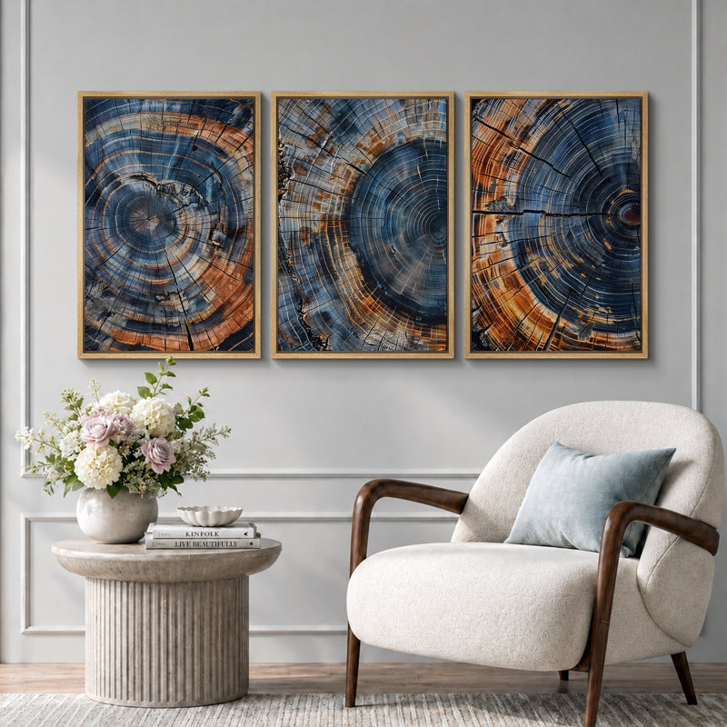 Anneau d'arbre «Œuvre de souche en bois brun marine foncé, photos de cabane de ferme rustique rétro, art mural impression numérique sur toile 3 pièces»  