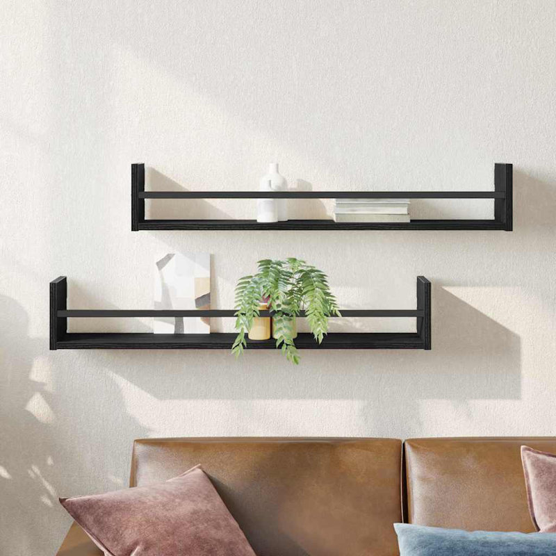 Wall Shelf 2 Pcs Engineered Wood, 14cm H x 80cm W x 16cm D, Black Oak