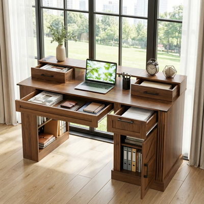 55 Inch Farmhouse Computer Writing Desk, Office Desk with Barn Door Design, Charging Station, Pegboard, Storage & Monitor Stand for Home Office by Inbox Zero