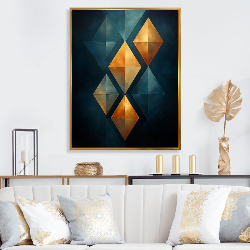 «Golden Diamond Rising On» rétro sur fond bleu marine sur toile, 44" H x 34" W, Cadre flottant doré