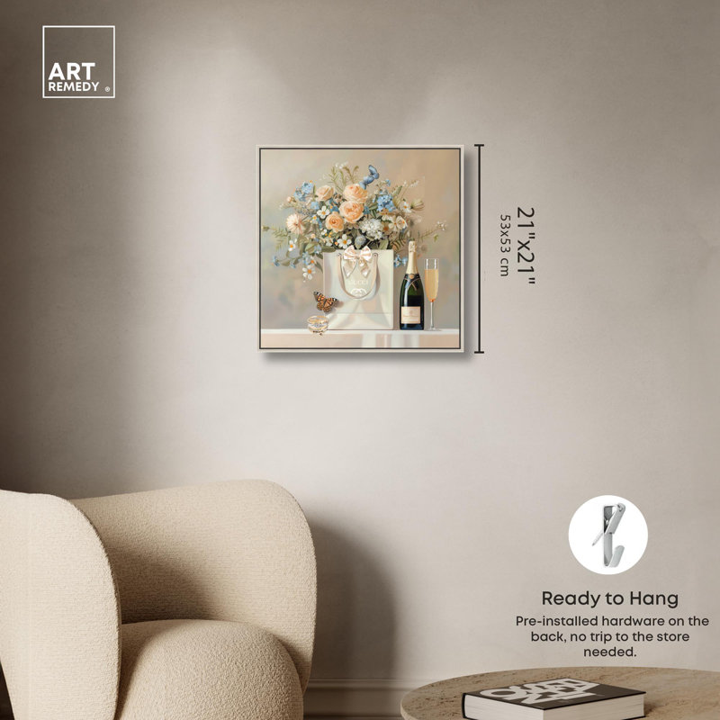 Art floral sur toile, bijoux et arc, H 21 po x l 21 po, Cadre argenté