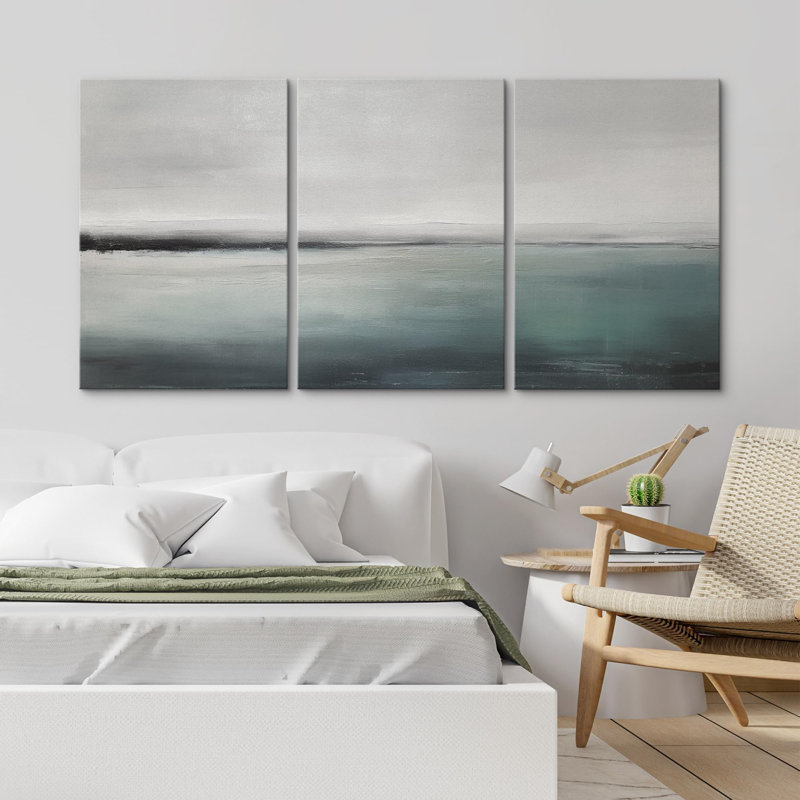 «Minimal Landscape» sarcelle, océan, horizon, nuage, ciel, nature, beaux-arts, décor rustique, campagne / ferme sur toile, 3 pièces