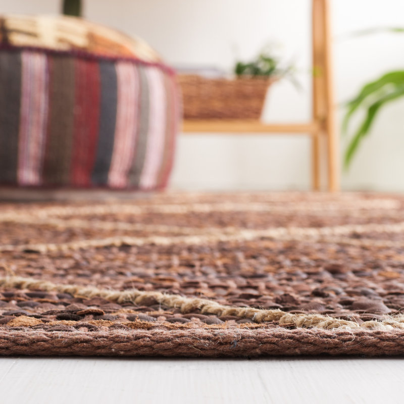 Vintage Leather Hand Woven Leather/Jute/Cotton Geometric Rug in Brown/Natural, Runner 2'3" x 9'