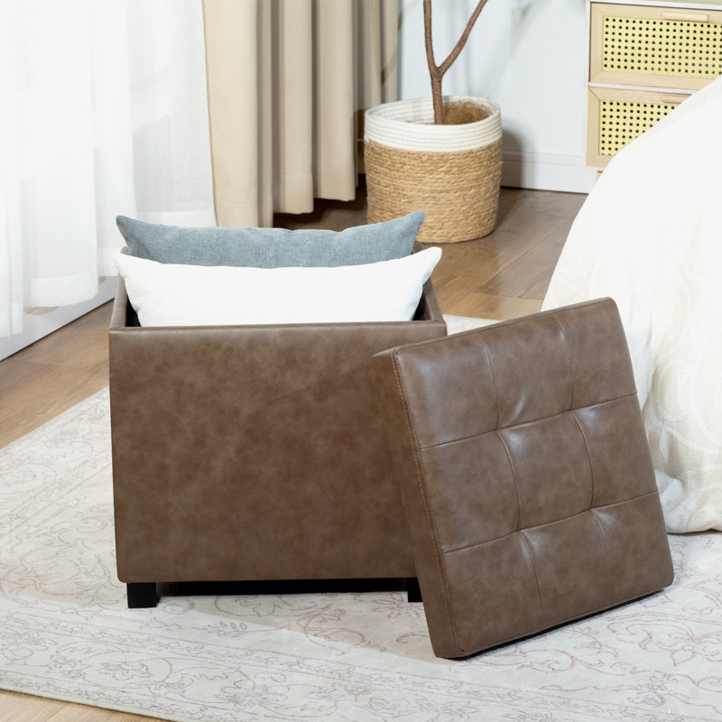 Square Faux Leather Storage Ottoman with Reversible Tray, Light Brown