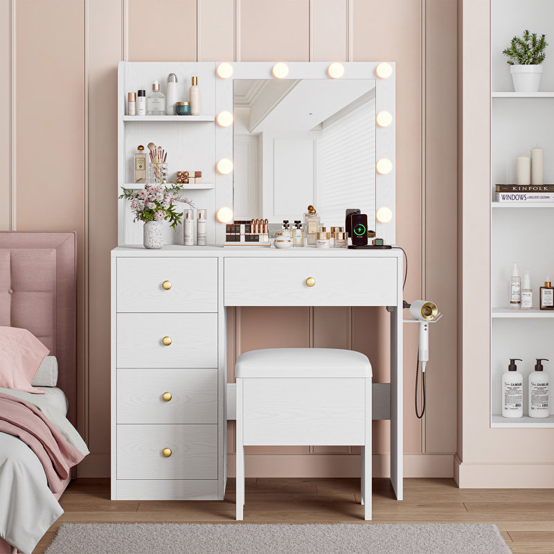Kenn Makeup Vanity Set With Mirror And Lights, Adjustable Brightness, 5 Drawers, Power Outlet And Vanity Stool, White