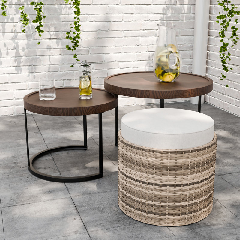 22.8 in. Round Wood Top Nesting Coffee Tables and Ottoman with Beige Cushion, White