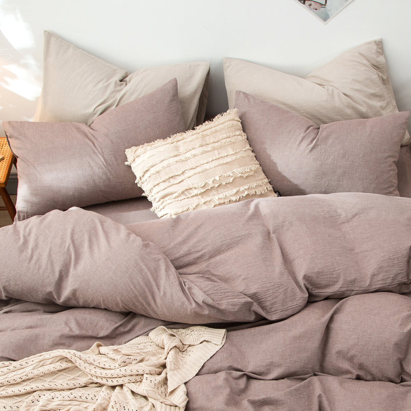 Taies d'oreiller 100% coton lavé MooMee, Ensemble de taies d'oreiller pour grand lit, Mauve / brun