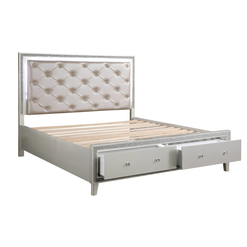 Lit Ek Champagne avec rangement - Cuir, capacité de 660 lb, 10 pieds de soutien, poids de tiroir de 20 lb, 87,12 po Largeur