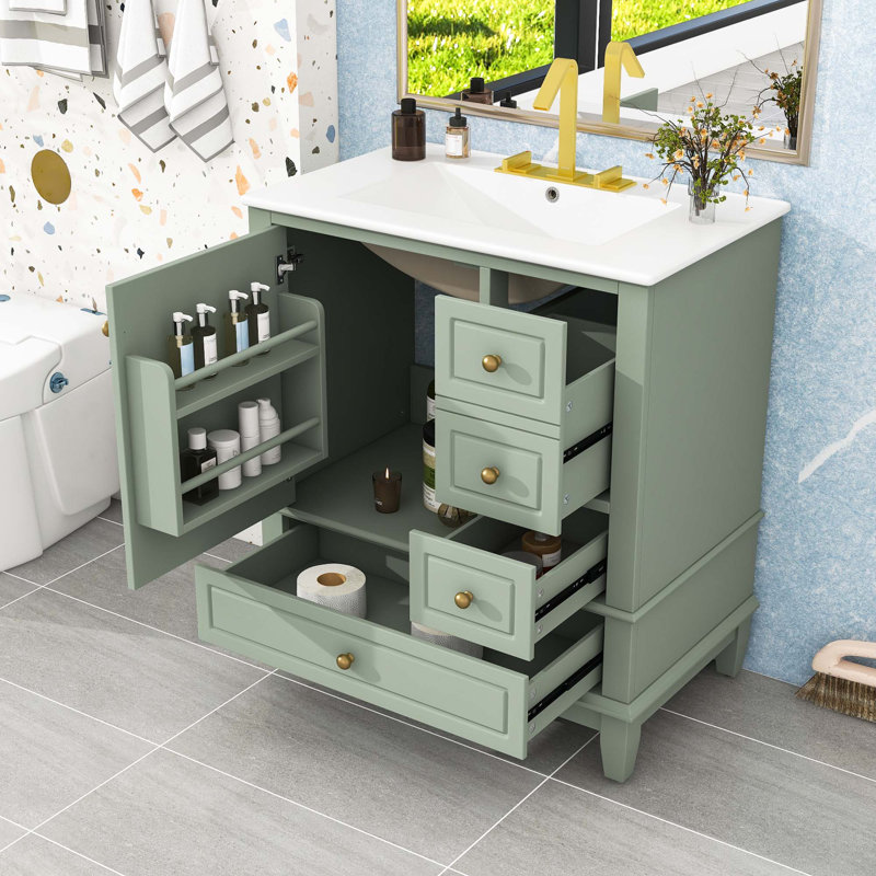 Meuble-lavabo avec lavabo, tablette et trois tiroirs, Vert clair