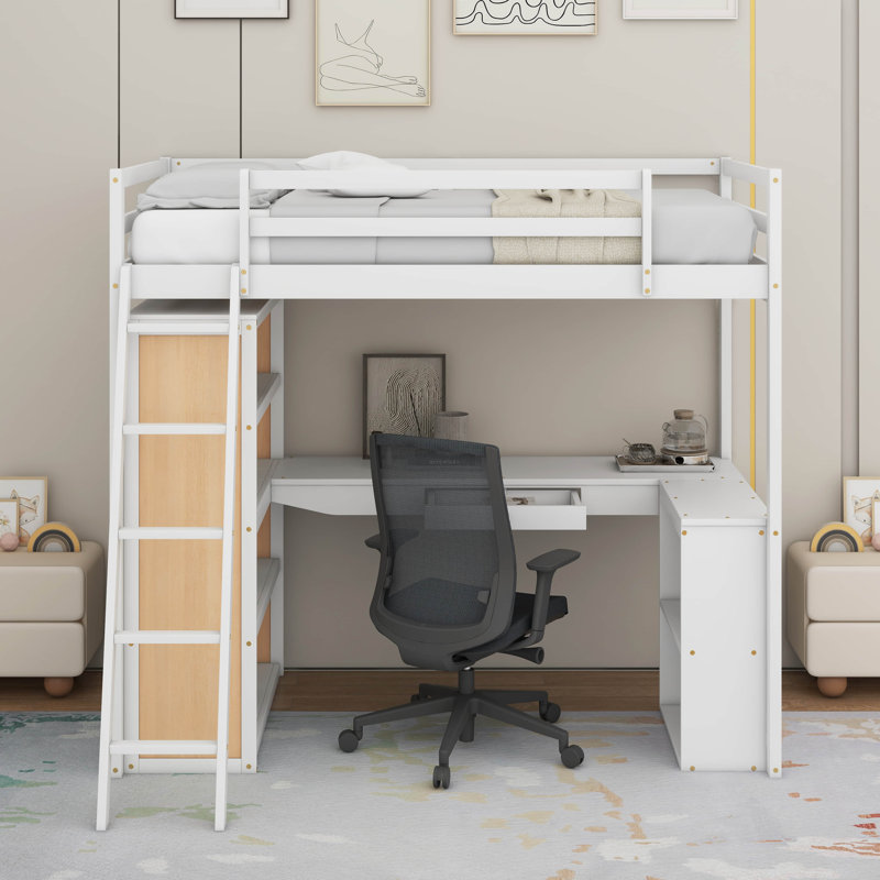 Lit mezzanine simple avec échelle, tablettes et bureau