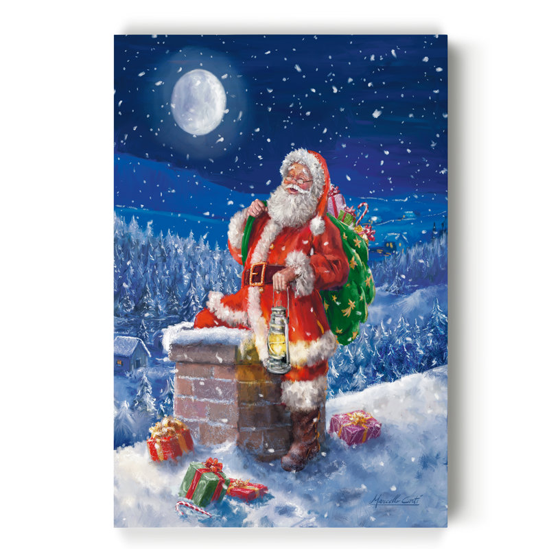 Père Noël sur le toit, reproduction d'art sur toile tendue, H 12 po x l 8 po x P 1 po