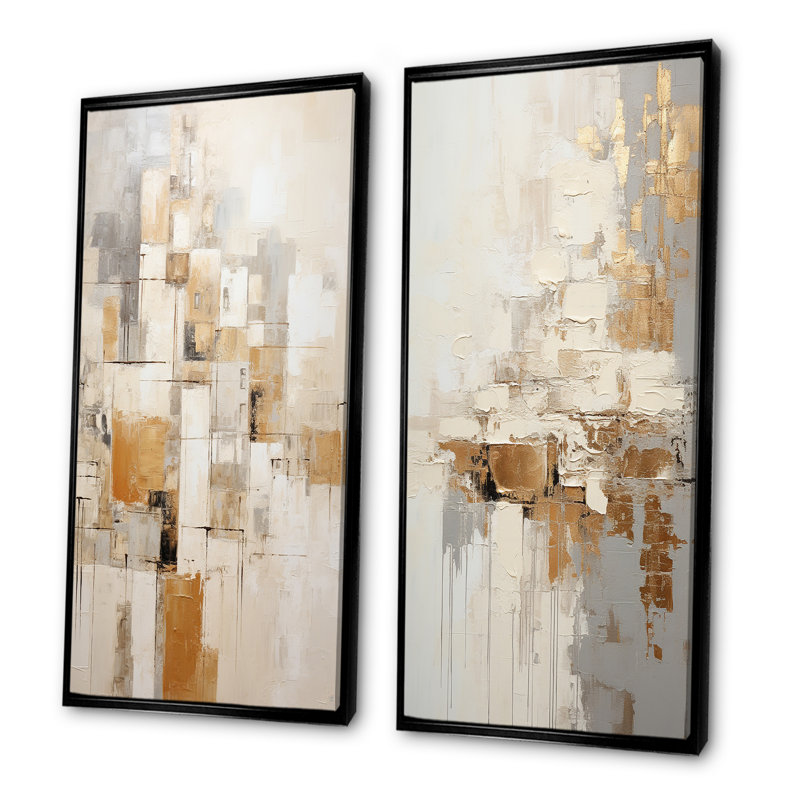 Ensemble de 2 peintures murales beiges et dorées - Collages abstraits sur toile, Cadre noir, H 28 po x l 25 po