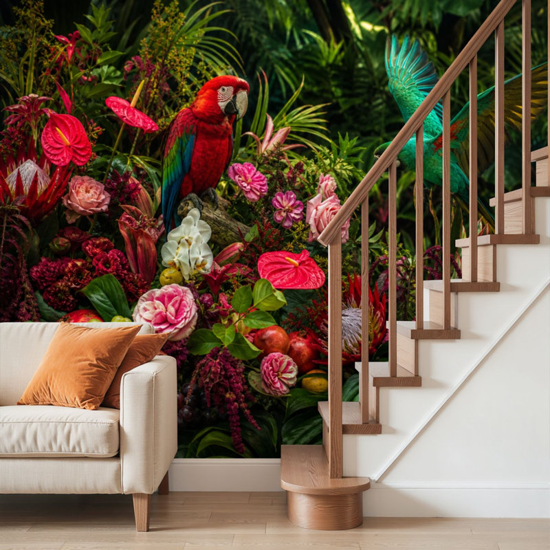 Papier peint adhésif pelez et collez, scène de jungle tropicale, perroquets colorés, fleurs exotiques, art mural auto-adhésif et amovible
