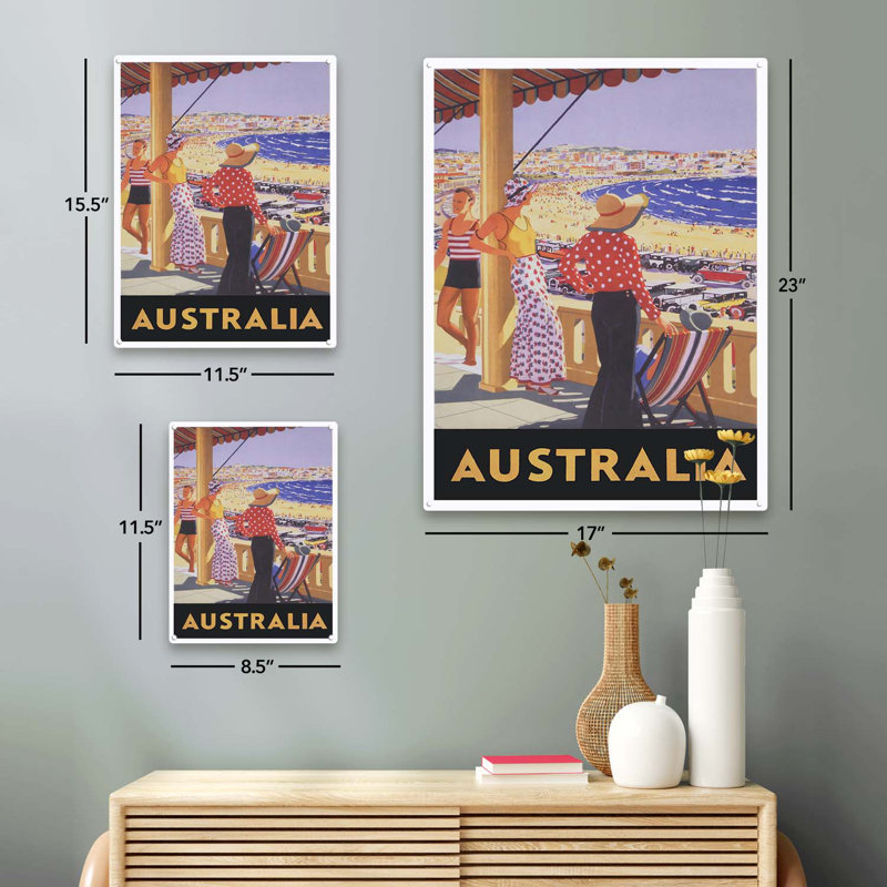Scène de plage vintage en Australie sur impression métallique, H 15,5 po x l 11,5 po x P 0,04 po