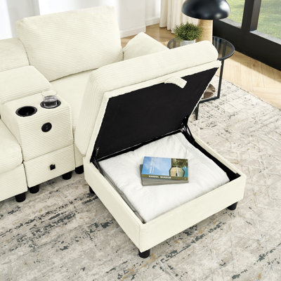 Canapé modulaire moderne en L avec rangement tout-en-un, poches d'accoudoirs de rangement latérales, console centrale avec porte-gobelet, repose-pieds avec rangement relevable, siège multi-siège confortable