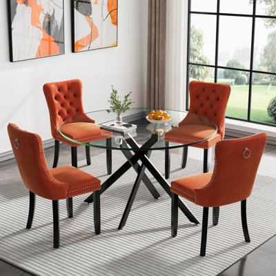 5 Piece Round Glass Dining Table Set for 4, Modern 47.25" Glass Kitchen Table, Tufted Velvet Upholstered Dining Chair, Circle Dining Table and Chairs by House of Hampton