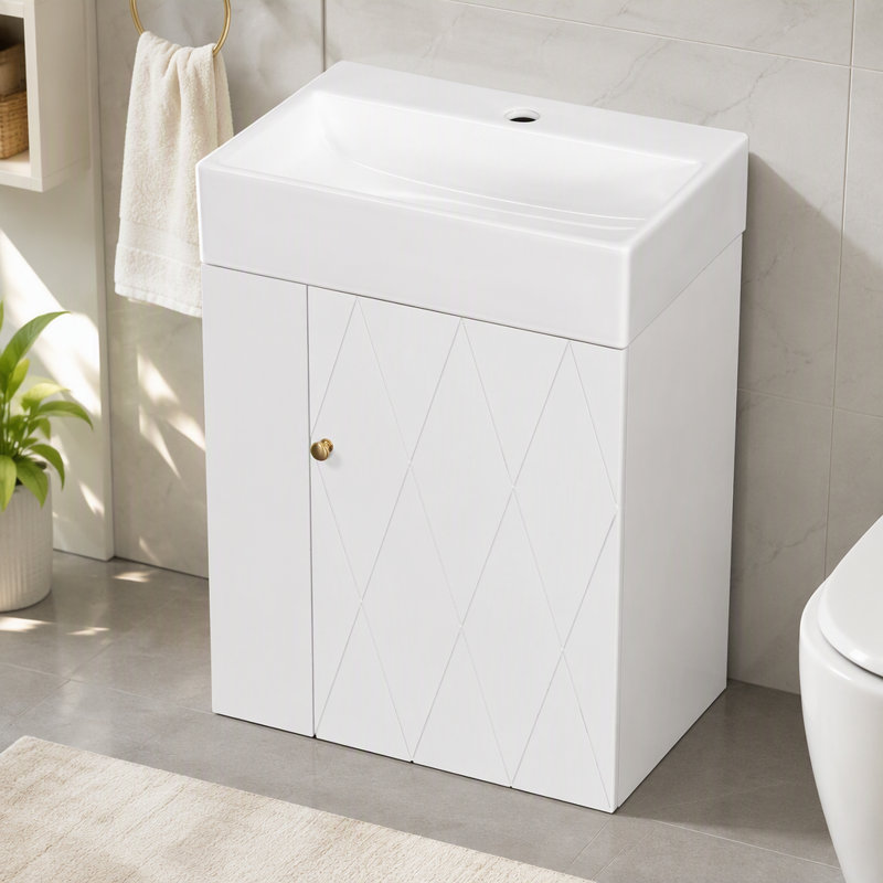 Meuble-lavabo autoportant de 20 po avec lavabo en céramique, porte à motif de losanges, poignée dorée, tablettes de rangement latérales, barre à serviettes, panneau de fibres à densité moyenne, assemblage requis
