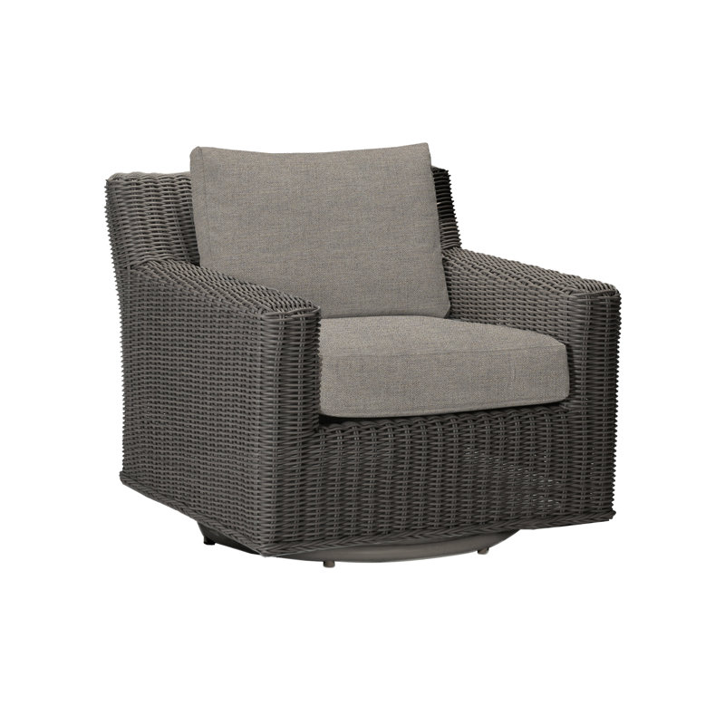 Rustic Swivel Patio Chair with Cushions, Rollo Silver InsideOut® Linen, Black Walnut, Welt