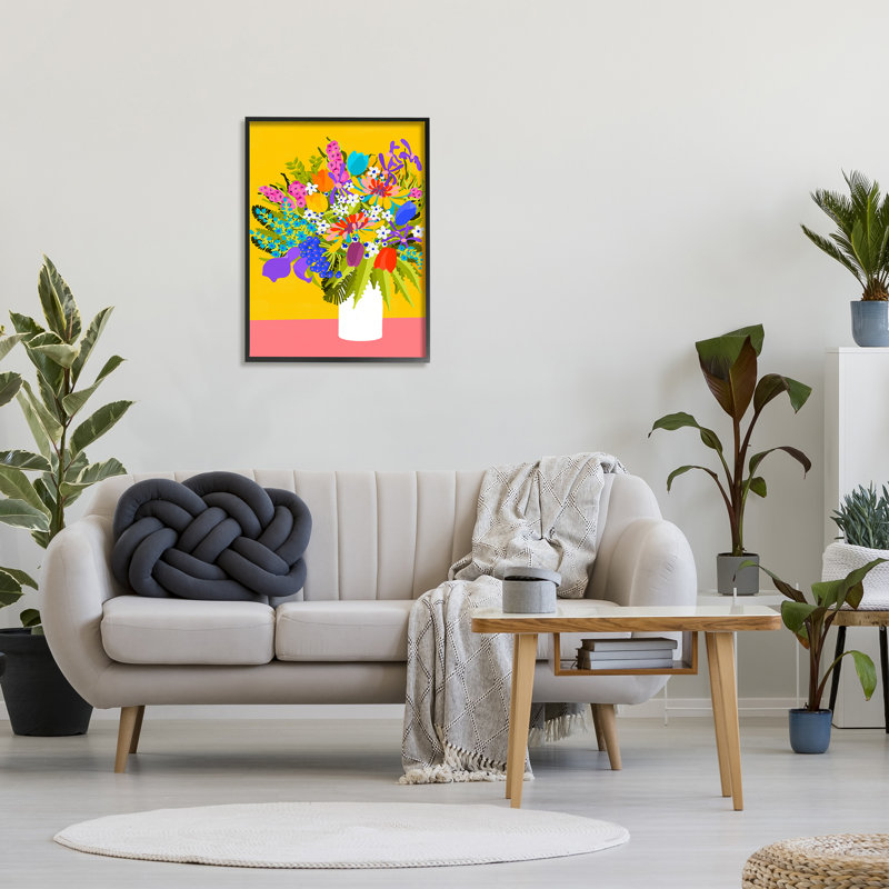 Az-489 - Bouquet encadré sur jaune, H 30 po x l 24 po x P 1,5 po, Giclée encadrée noir minuit