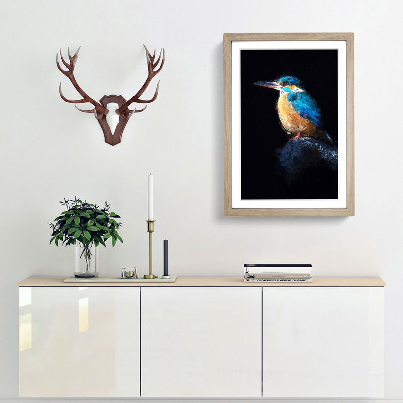 Kingfisher Bird in Abstract - Picture Frame Painting Print, Oak Framed, 48cm H x 36cm W x 2cm D