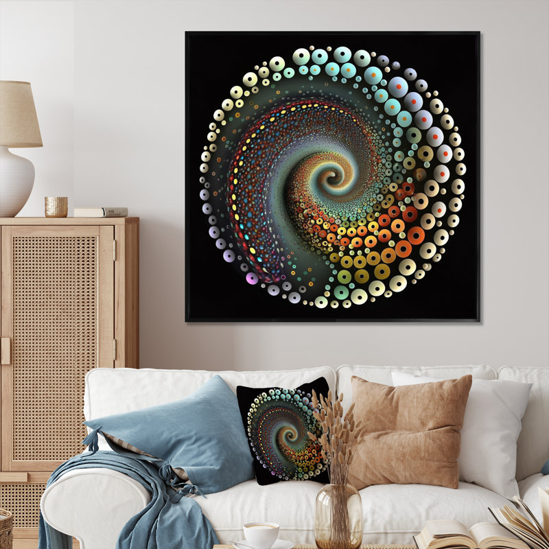 Iridiscdent pointillisme spirale rétro arc-en-ciel, H 16 po x l 16 po x P 1 po, Cadre flottant noir