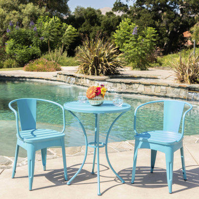 Bistro d'extérieur bleu en métal 3 pièces Kd. Fer thermolaqué durable. Chaise: H 18/30 po x l 16,25 / 20 po x P 16,25 / 20,5 po. Table: P 30 po 23,59 po pour l'extérieur.
