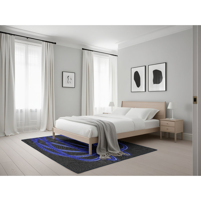 Laine tissée à la machine à motifs géométriques et polyester bleu marine/noir Tapis décoratif, Rectangle 5 pi x 7 pi